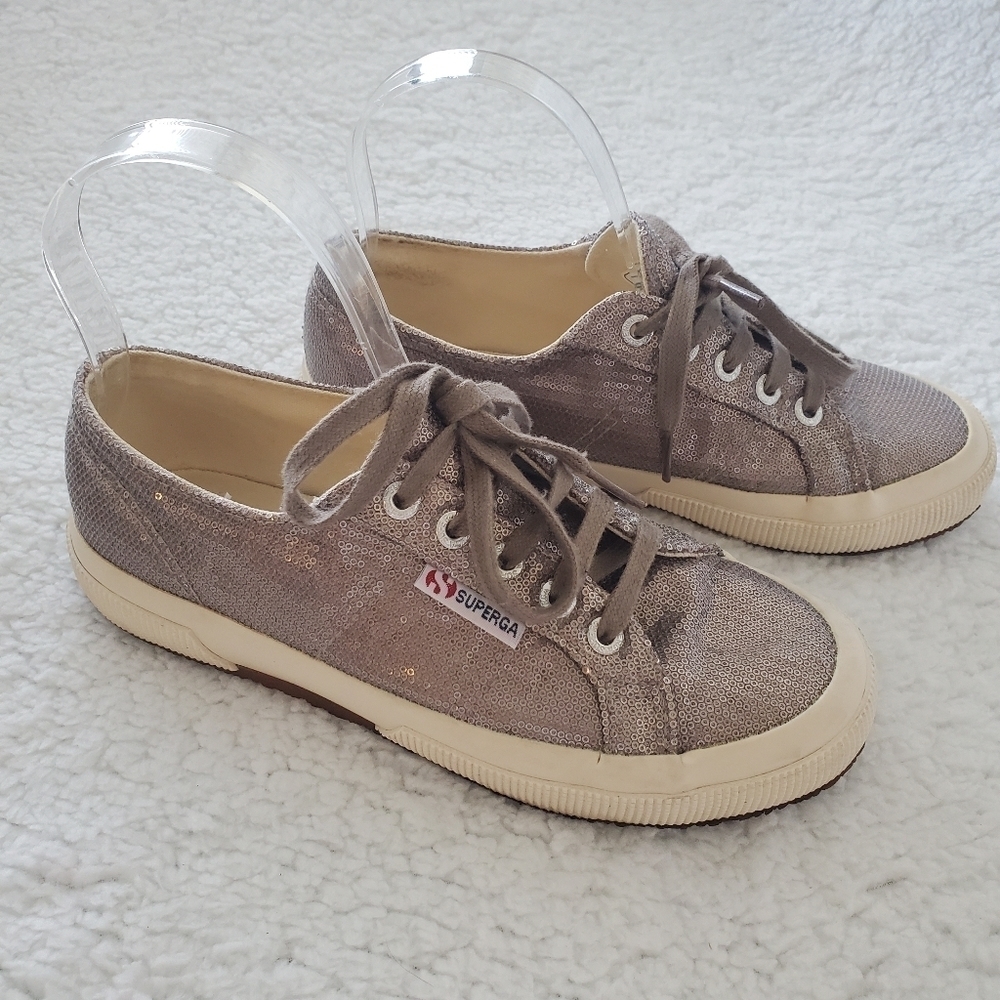 Women's Superga Silver Sequin Canvas Low Top Lace Up Sneakers Size 6 W_ 4.5 M.